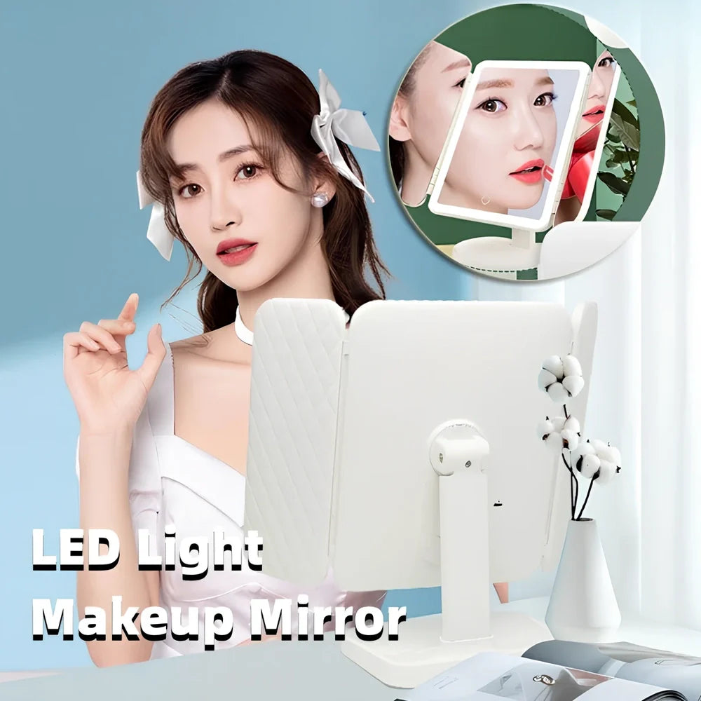 White LED makeup mirror with folded design showing rotation mechanism and magnification lenses
