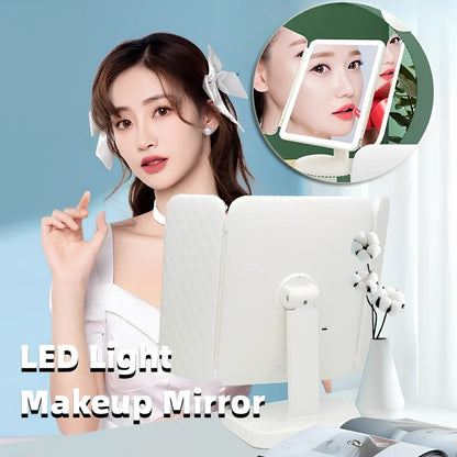 White LED makeup mirror with folded design showing rotation mechanism and magnification lenses