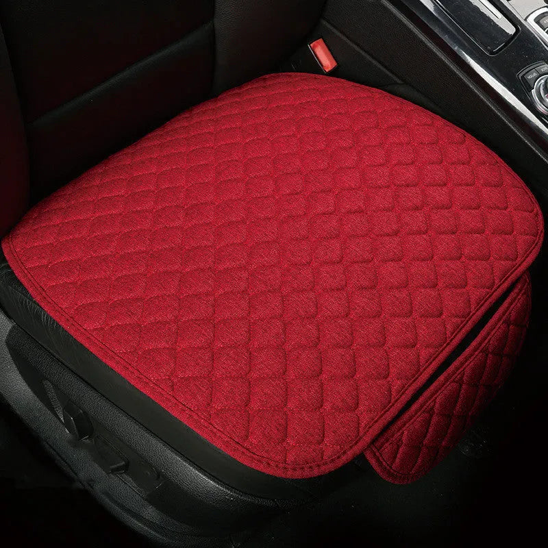 Flax linen car seat cover protector in beige, black, red and brown, with cushion and five-seat style options.