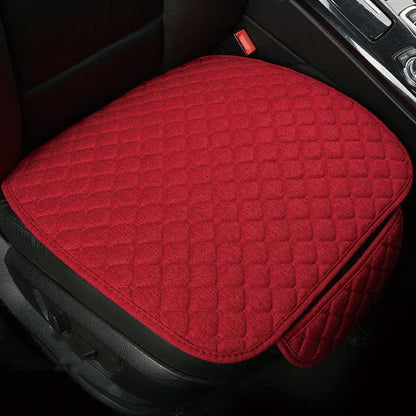Flax linen car seat cover protector in beige, black, red and brown, with cushion and five-seat style options.