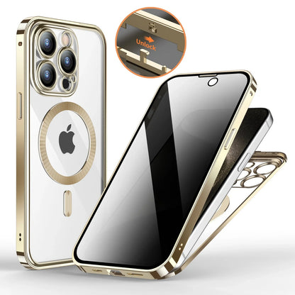 Metal buckle magnetic iPhone case with wireless charging support in gold, blue, black, and silver gray