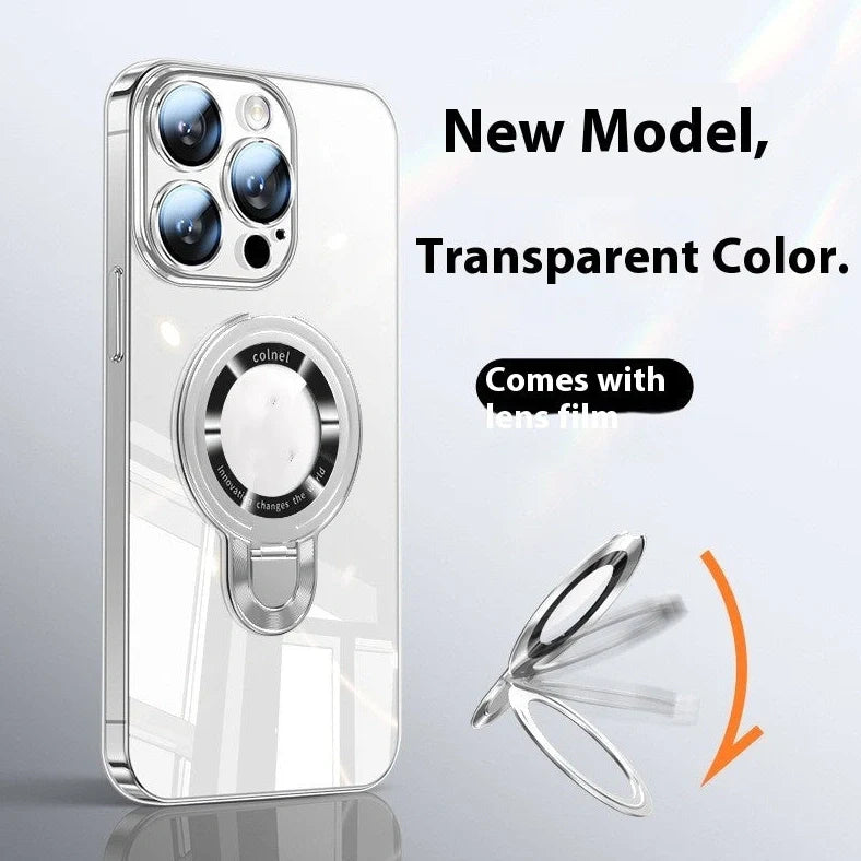 Desert gold electroplated iPhone 17 case showing 360-degree rotating bracket extended and magnetic back surface