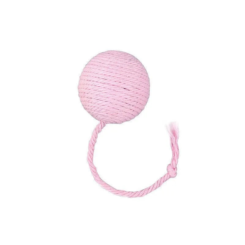 Interactive cat toy ball with bell and rope in green, pink, purple or yellow colours, shown in 3cm and 6cm sizes