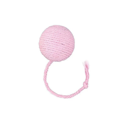 Interactive cat toy ball with bell and rope in green, pink, purple or yellow colours, shown in 3cm and 6cm sizes