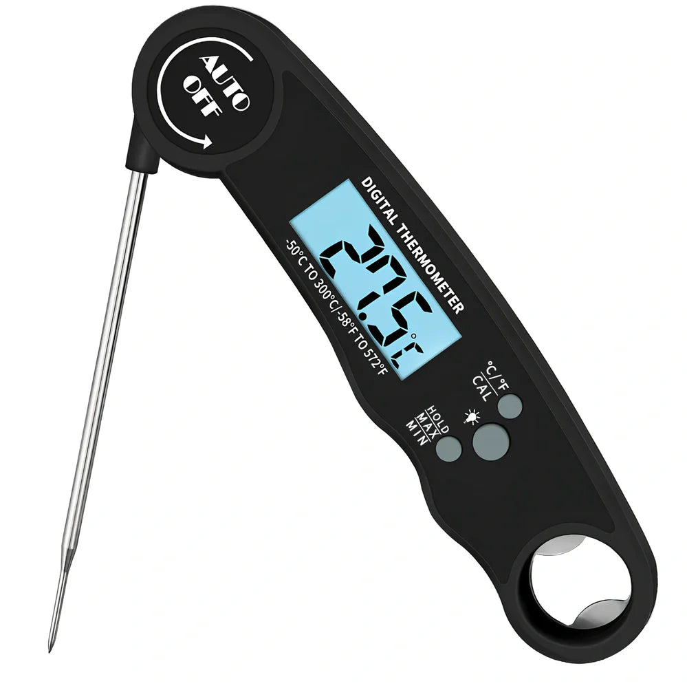 Red and black folding electronic kitchen thermometer with extended probe and digital display