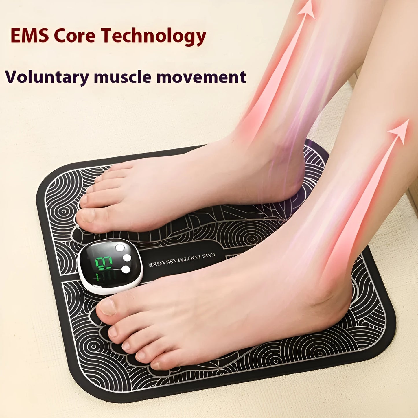 Blue rechargeable foot massager mat with reflexology nodes and remote control on wooden floor