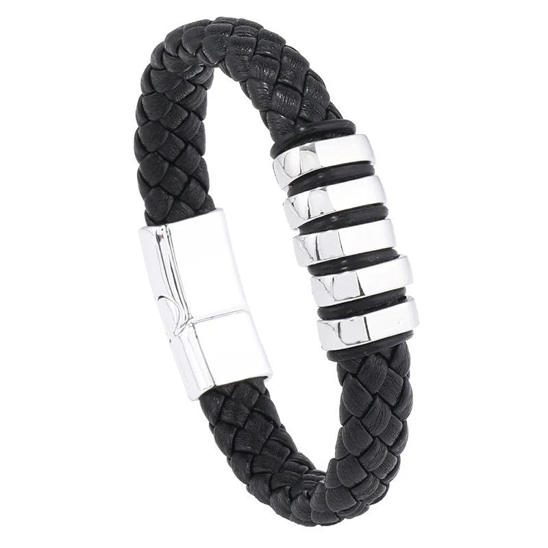 Stylish multi-layer leather woven bracelet in black, gold, white, and black & golden colors