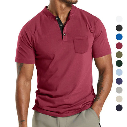 A man wearing a plus size solid colour short sleeve polyester shirt with a button chest pocket.