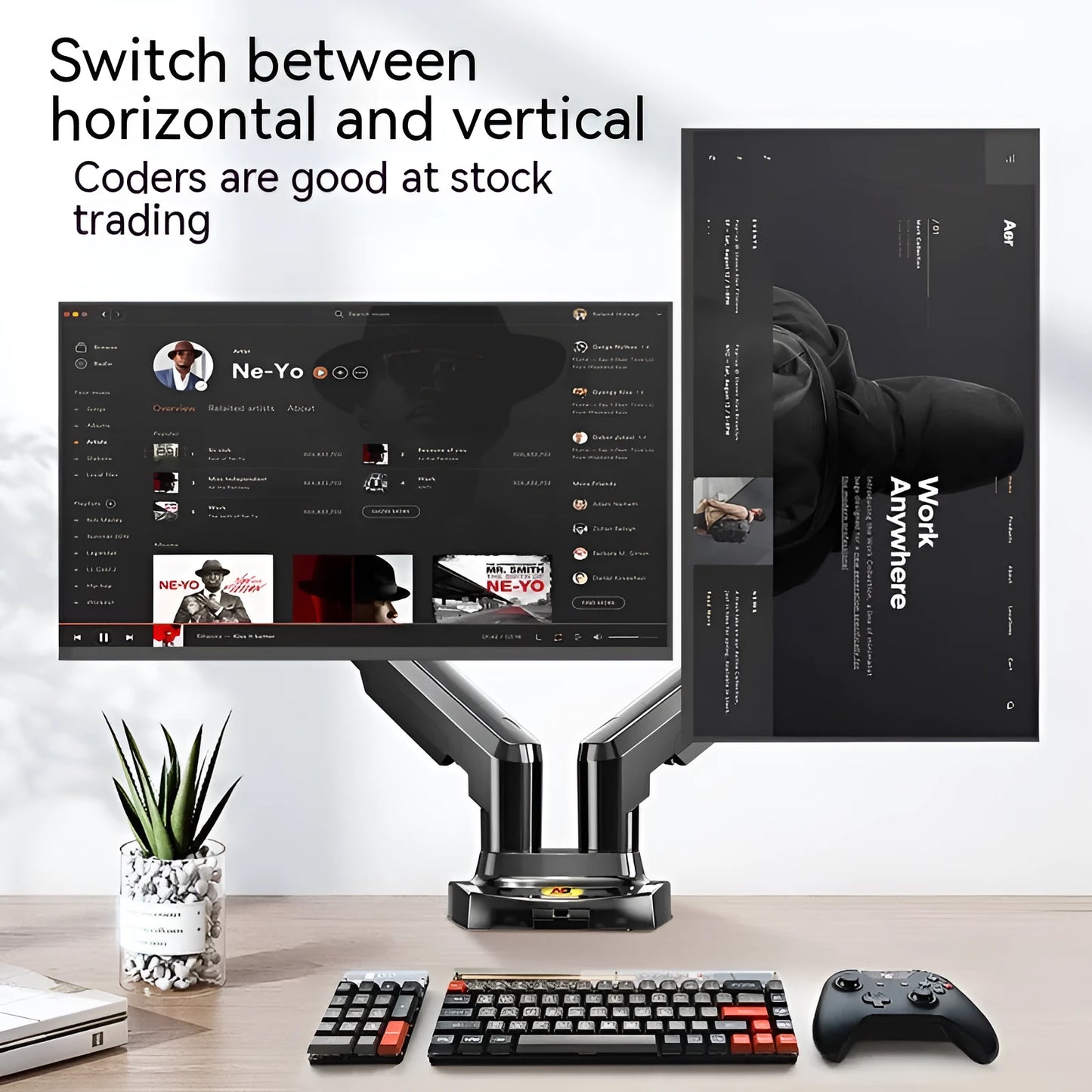 Dual screen monitor bracket with lift-style height adjustment for VESA 75-100mm monitors