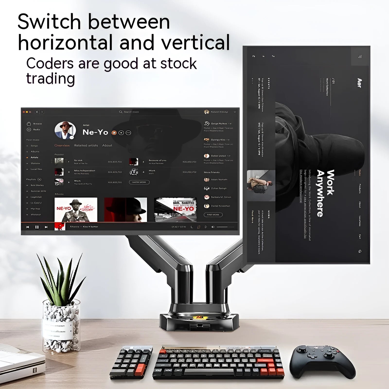 Dual screen monitor bracket with lift-style height adjustment for VESA 75-100mm monitors