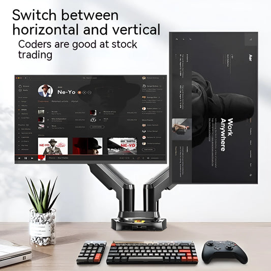 Dual screen monitor bracket with lift-style height adjustment for VESA 75-100mm monitors