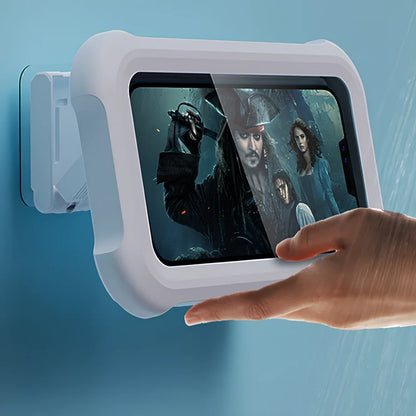 Wall-mounted waterproof black plastic phone rack with adjustable angle for bathroom use, includes 3 adhesives, 15cm height