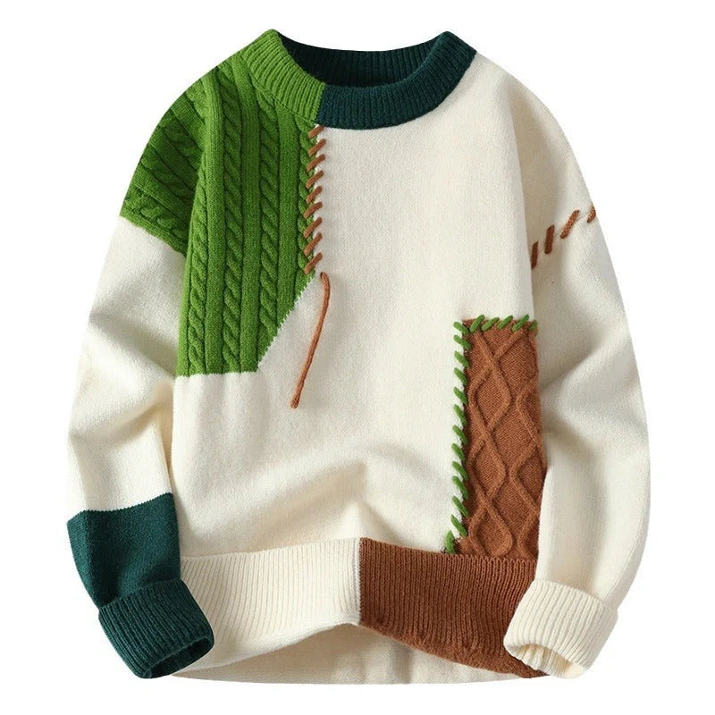 Men's colorblock pullover sweater in green, orange, and gray for winter fashion
