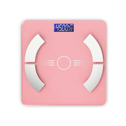 White smart Bluetooth body fat scale on bathroom floor, showing tempered glass platform and digital display.