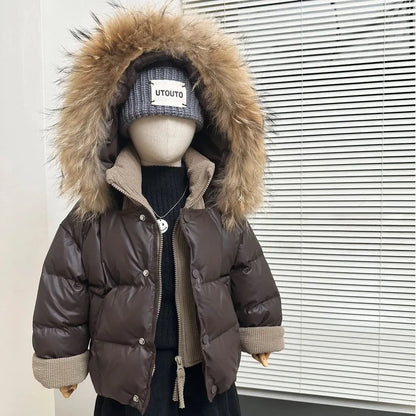 Children's winter down cotton jacket, fake two-piece, brown, polyester fibre, thickened, 110cm-160cm