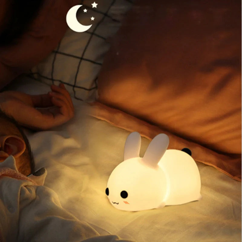Enchanting silicone rabbit night light with warm and cool white dual-color lighting options, creating a cozy ambiance