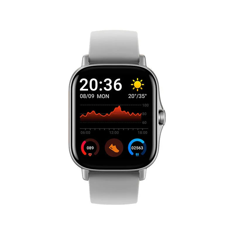 GT20 smartwatch with alloy case and silicone strap showing health metrics on touch screen.