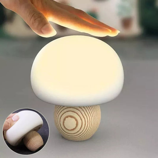 Adjustable brightness silicone LED mushroom night light with wooden base