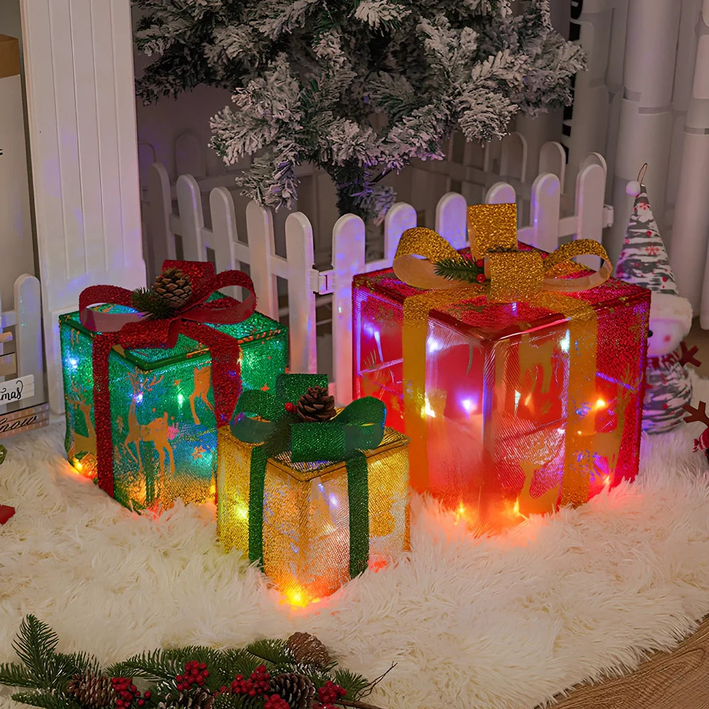 Christmas gift box three piece set with 50 LED beads and 8 lighting functions in silver star design