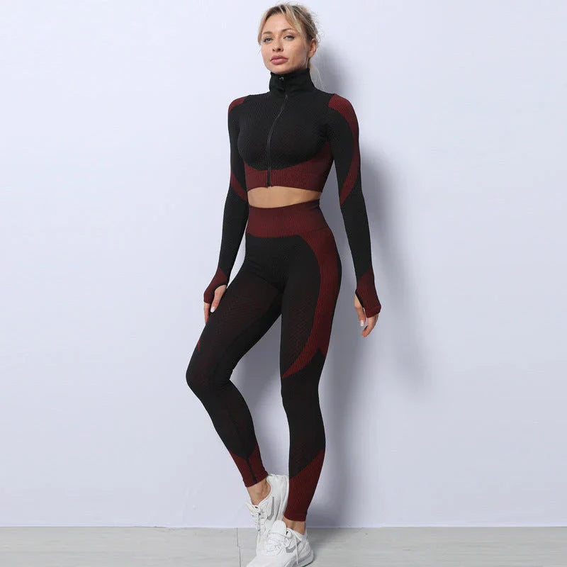 Sleek, seamless athleisure set in a variety of vibrant colors, designed for comfort and style during workouts and everyday wear.