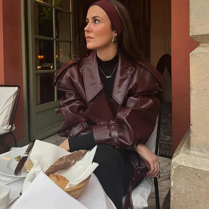 Stylish loose lapel PU leather jacket in multiple colors for women's fashion and streetwear