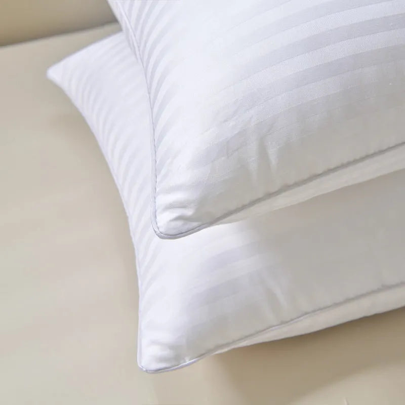White cotton satin stripe pillow with feather-cotton filler in 900g, 1000g, or 1100g weights and 45x65cm, 48x74cm, 50x80cm sizes