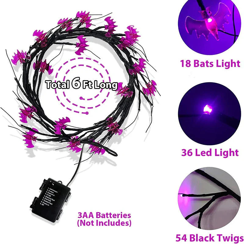 Halloween Willow Vine String Lights with Spooky Bats and Pumpkins for Indoor and Outdoor Decoration