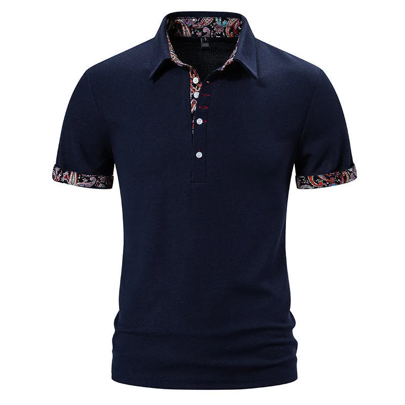 Men's polo shirt in cotton blend fabric with colour stitching at neck, available in white, black, or navy blue with European sizing