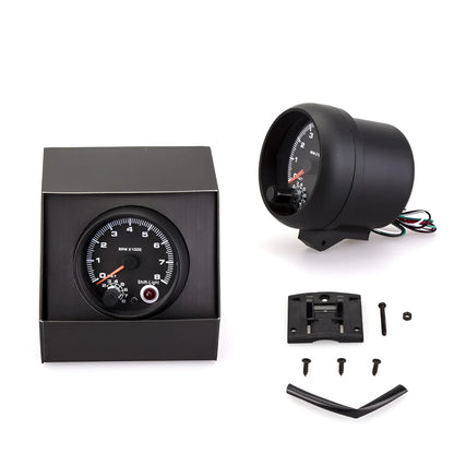 Black automotive tachometer with blue light pointer showing 0-8000 RPM scale.