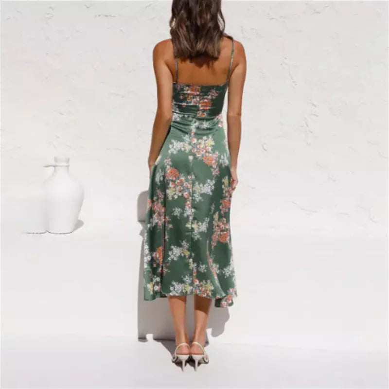 Women's sleeveless beach dress with flower print and hollow bowknot design