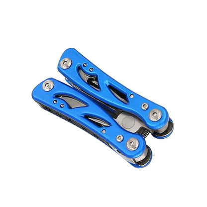 Blue folding multi-function pliers with fruit knife showing compact 7cm folded size