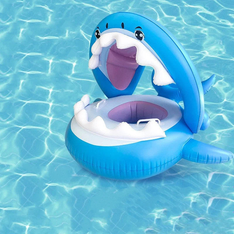 Inflatable shark seat ring for kids with sun awning, blue color