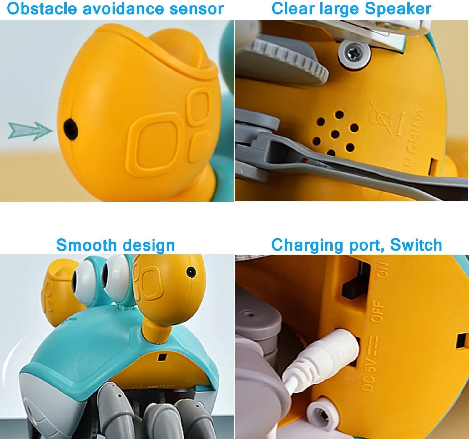 Blue crawling crab dog toy with obstacle avoidance sensor, measuring 21.5cm long, on a flat surface