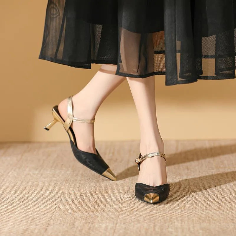 Women's genuine leather pointed toe sandals with 6CM block heel in green, apricot, black, or silver