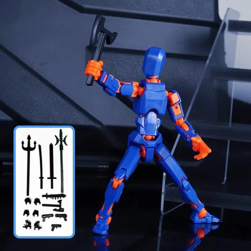 Highly posable 3D printed robot mannequin toy with interchangeable accessories, including wings and weapons