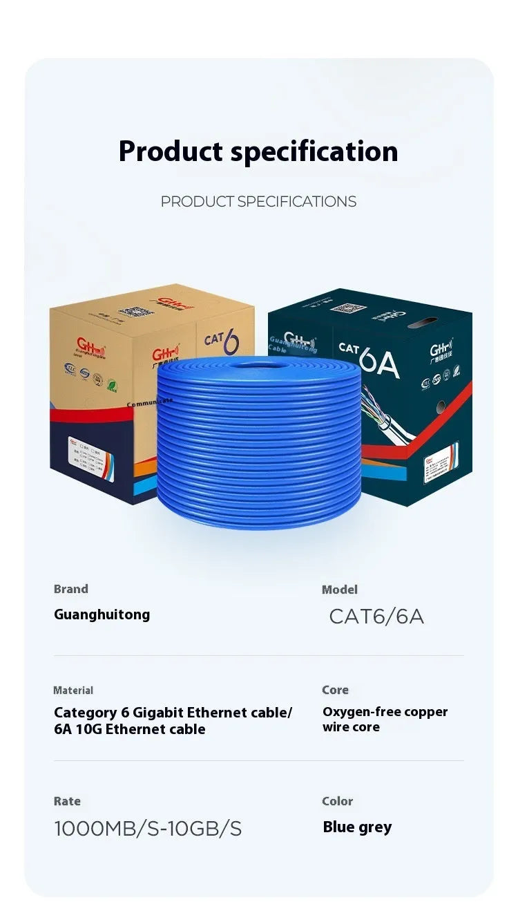 A reel of blue Category 6 network cable with oxygen-free copper core, showing the 305m length label.