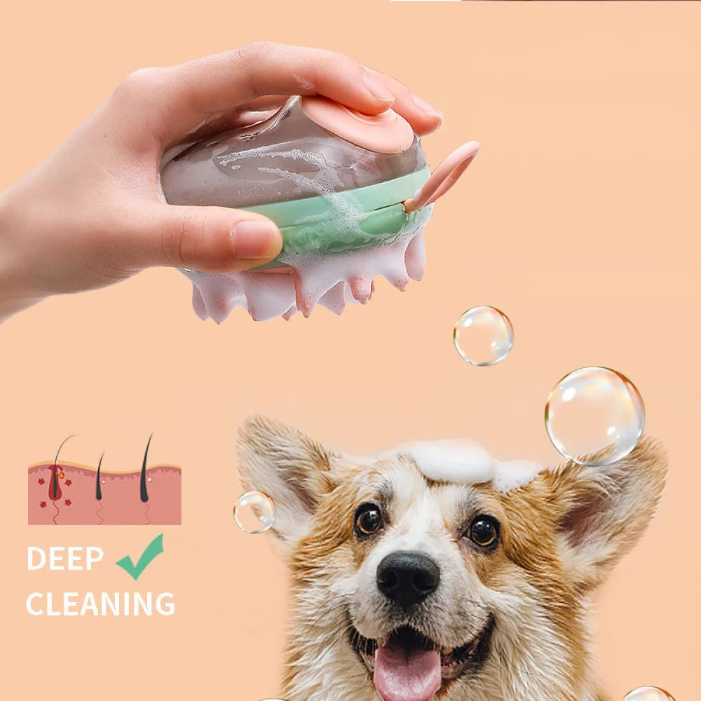 2-in-1 pet cleaning and massage brush with shampoo dispenser in green and blue