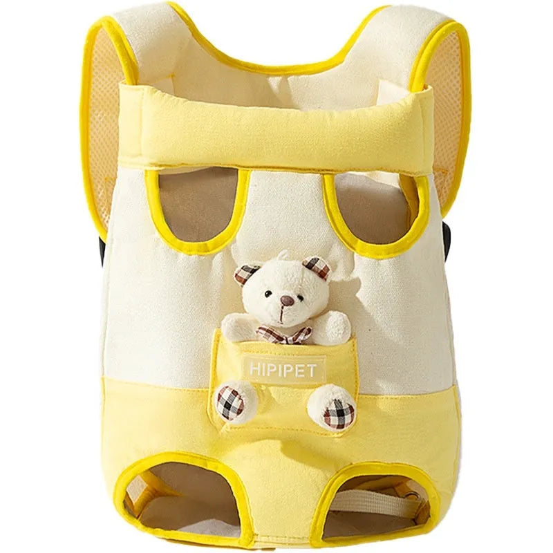 Canvas cat carrier backpack with animal bear print and ribbon trim for small pets.