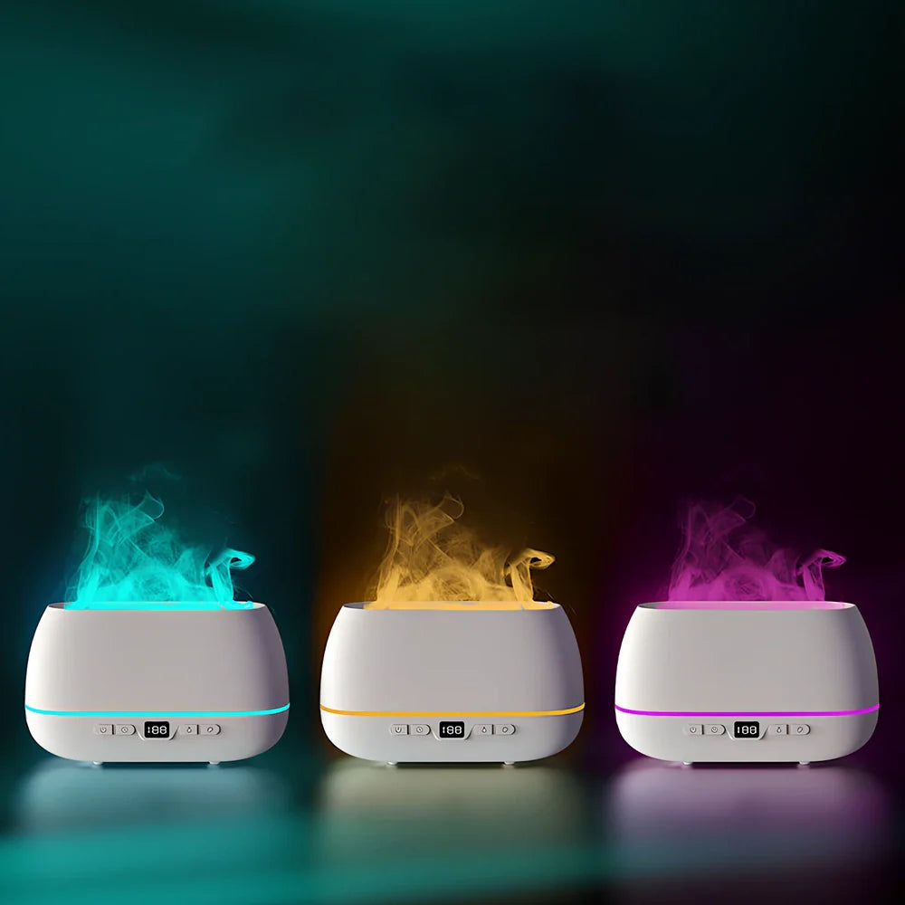 White 3D flame humidifier with 200ml tank, measuring 226mm by 127mm by 87mm, showing colourful flame effect lighting