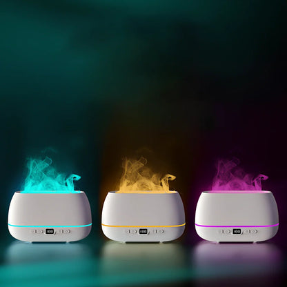 White 3D flame humidifier with 200ml tank, measuring 226mm by 127mm by 87mm, showing colourful flame effect lighting
