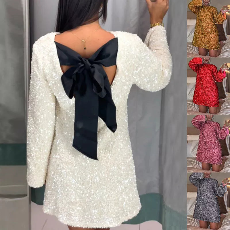 Women's sequined back-bowed dress with round neck and long sleeves in multiple colors