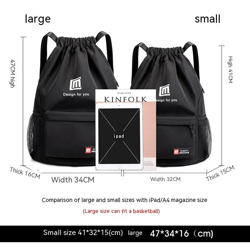 Large capacity travel backpack for women with waterproof Oxford fabric and drawstring closure, suitable for exercise and 10-inch laptops in black, blue, dark blue, gray, purple, rose red or yellow colour options in small or large size.