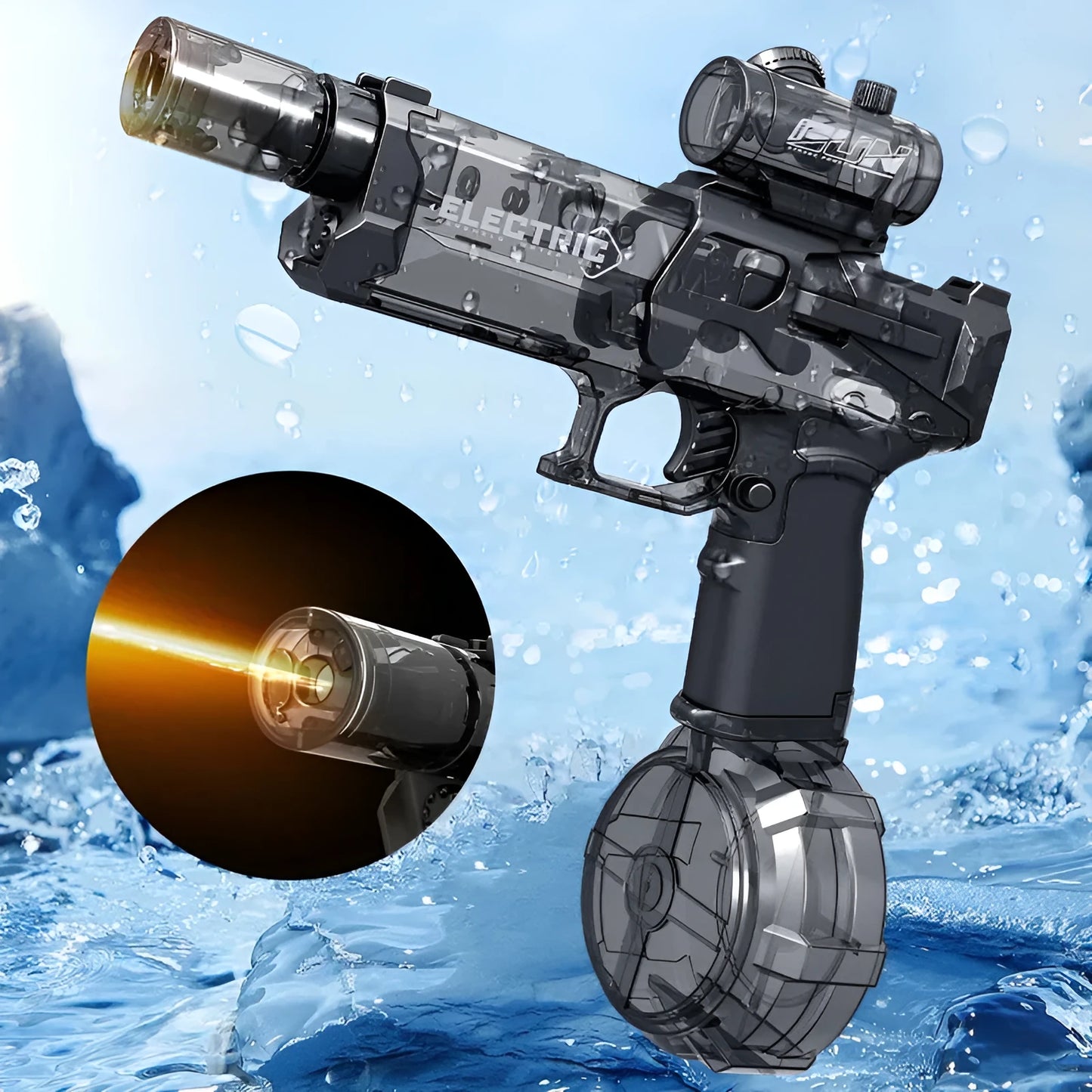 Black and blue electric water pistol toy with LED lights, shown with USB charging cable.