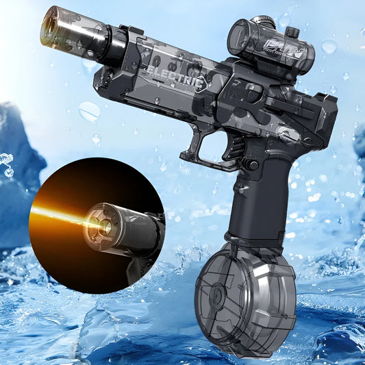 Black and blue electric water pistol toy with LED lights, shown with USB charging cable.