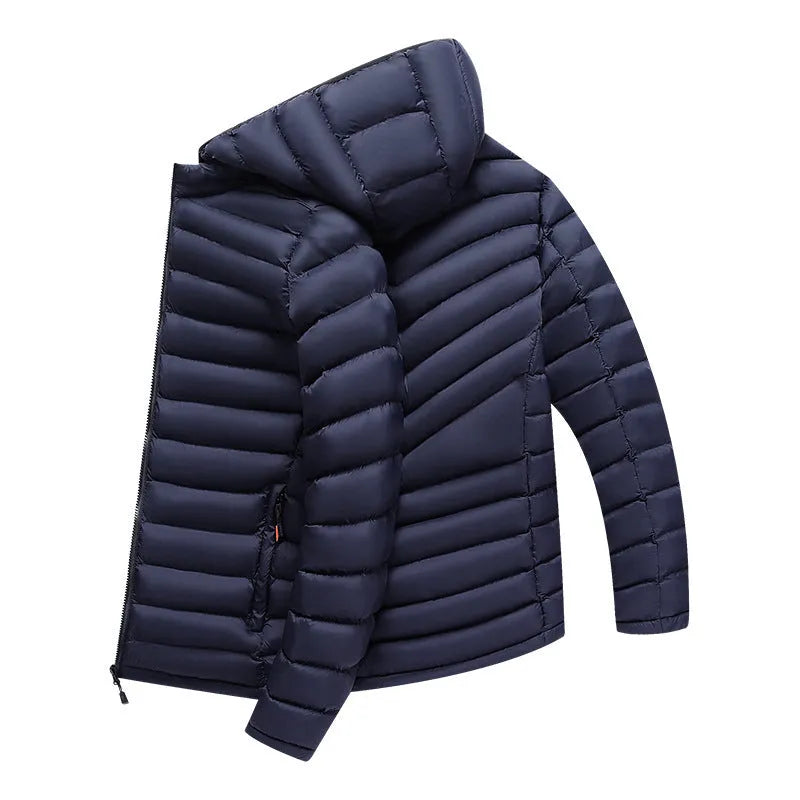 Men's lightweight hooded down cotton-padded jacket in solid colour with detachable collar and zipper pockets