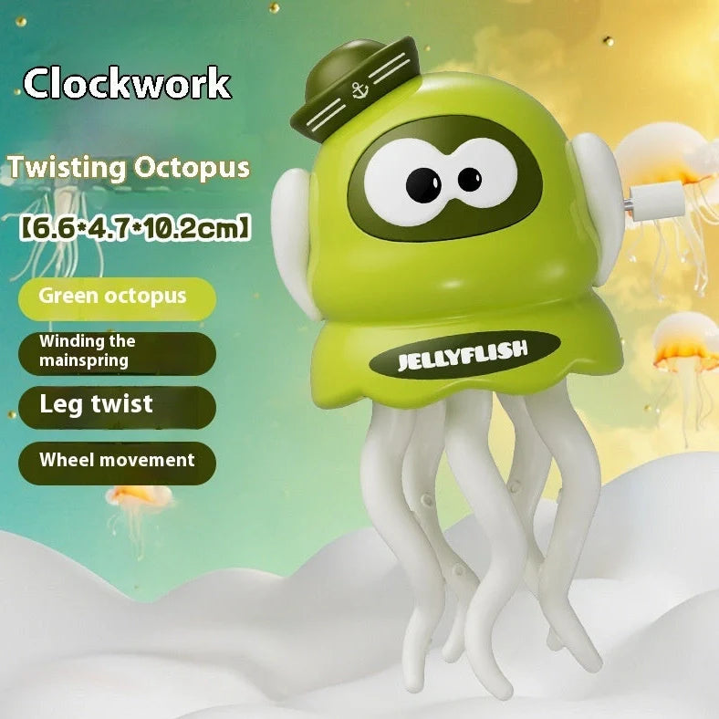 Green wind-up octopus toy dancing on surface with clockwork mechanism visible