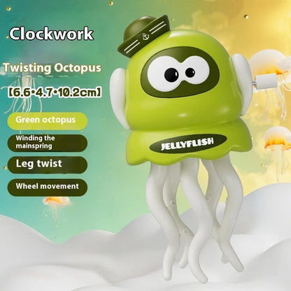 Green wind-up octopus toy dancing on surface with clockwork mechanism visible