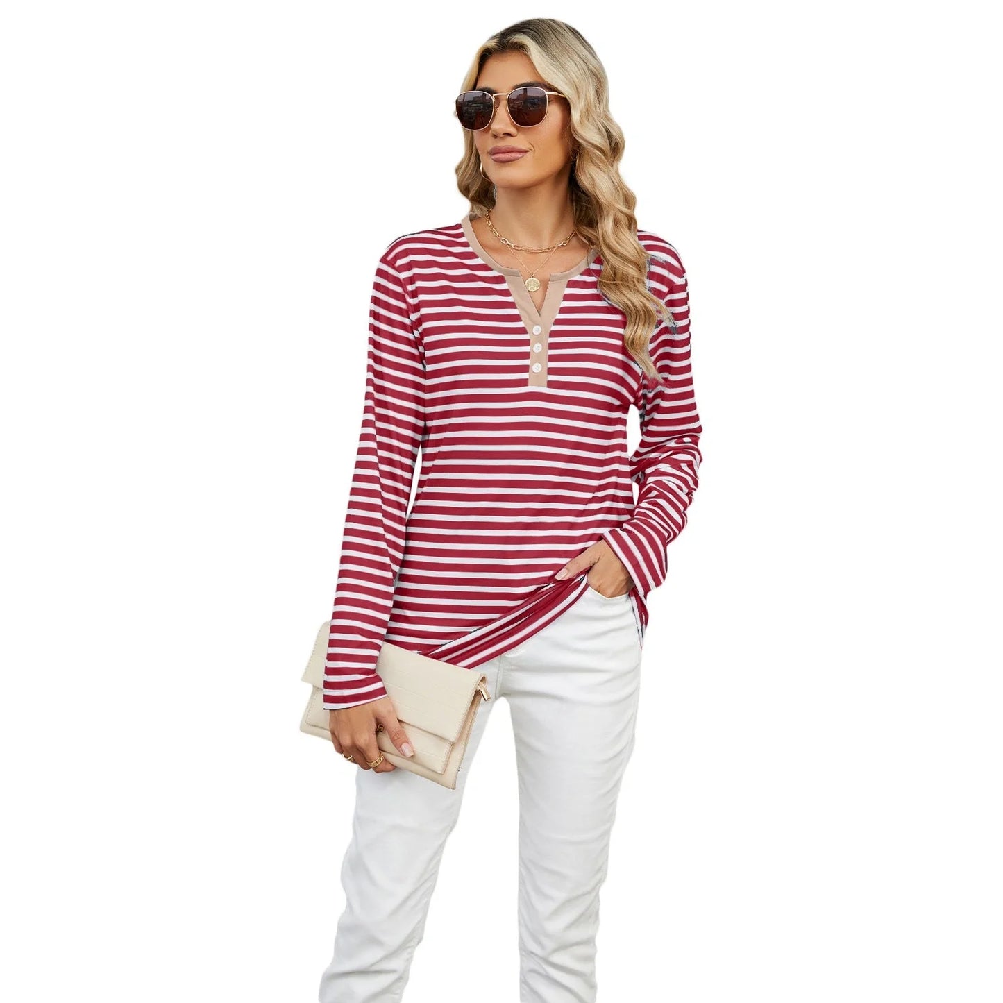 Stylish striped long-sleeve V-neck top for women in various color options