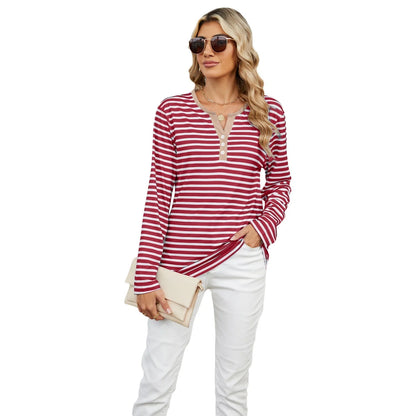 Stylish striped long-sleeve V-neck top for women in various color options