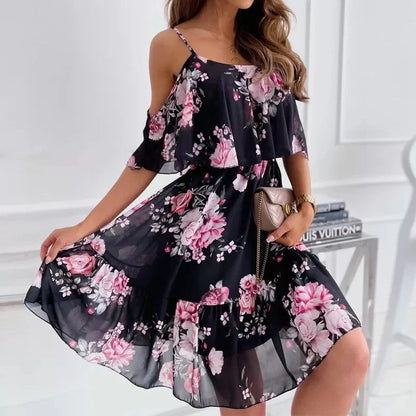 Women's flower printed ruffled suspender dress with off-the-shoulder strap in various colors